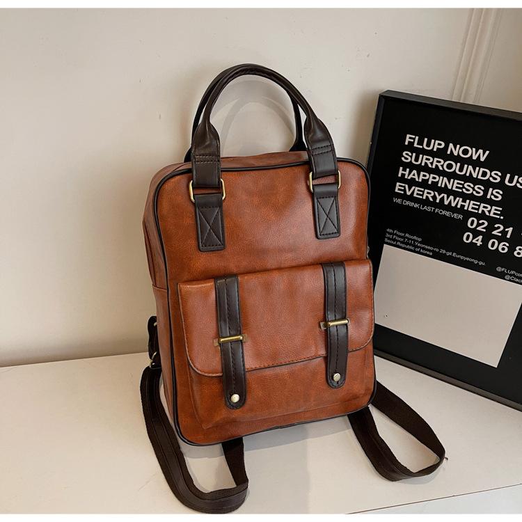 

Fashi Women Travel Backpacks Casual College Student Computer Pack Korean Persality Male Retro Large Capacity PU School Bag 26X32X11cm кофейный