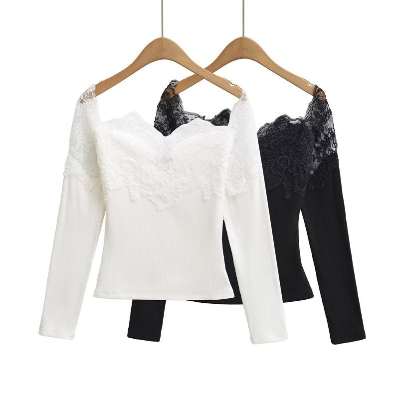 Sweet & Spicy One-Shoulder Lace Long-Sleeve Slim Velvet T-Shirt
