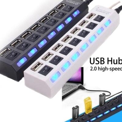 7 porti LED USB 2.0 adaptera centrmezgls Ieslēgšanas/izslēgšanas slēdzis datora klēpjdatoram BK
