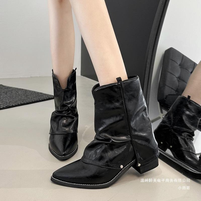 Autumn new foreign trade pointed thick heel cowboy short boots women's cross-border foot set thin middle heel medium boots
