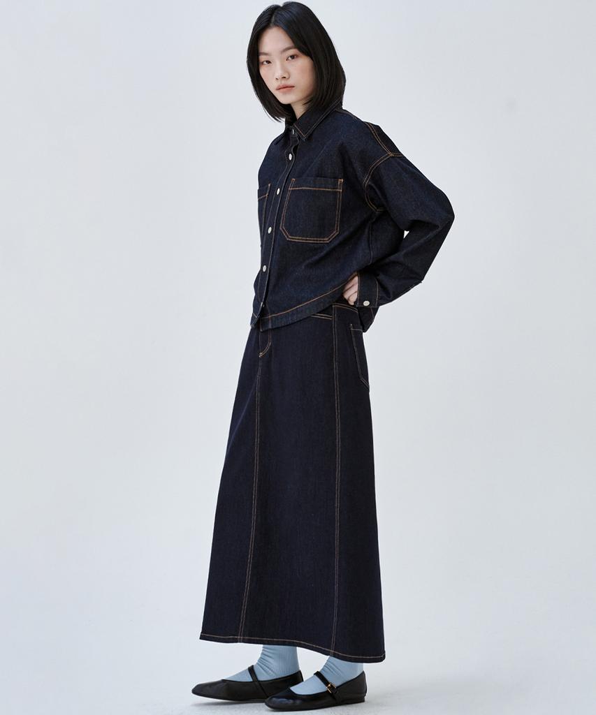 MALOUPE 3112 Non-Fade Denim Skirt (Dark Indigo)