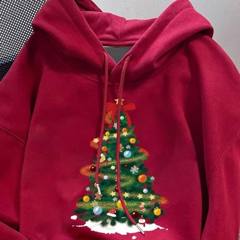 Christmas Tree Printed Women's Hoodie Hooded Long Sleeved Crew Neck Couple Hoodie Casual Pocket Loose Pullover Woman Top