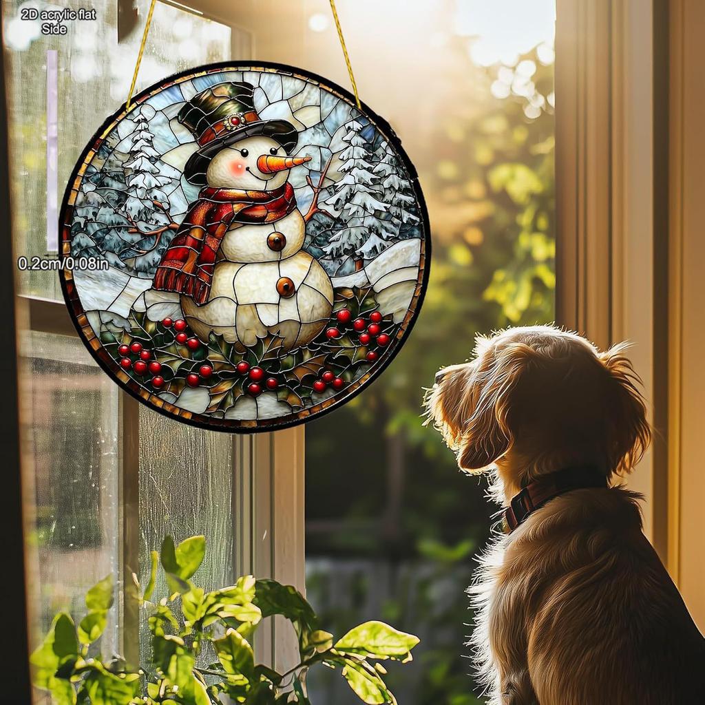 Snowman Sun Catcher, round Acrylic with Stained Glass Effect for Winter Decor, Perfect for Home, Kitchen, Bedroom, Garden, Bathroom, Garage