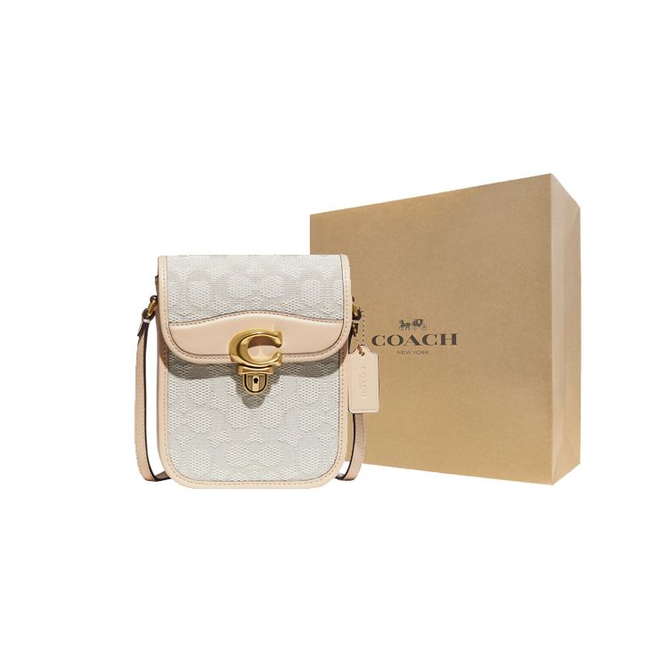 Coach Studio 14 Metal Logo Lock Classic Signature Jacquard Fabric And Leather Phone Bag Women Shoulder Bag Beige Brown CA191-B4UDK