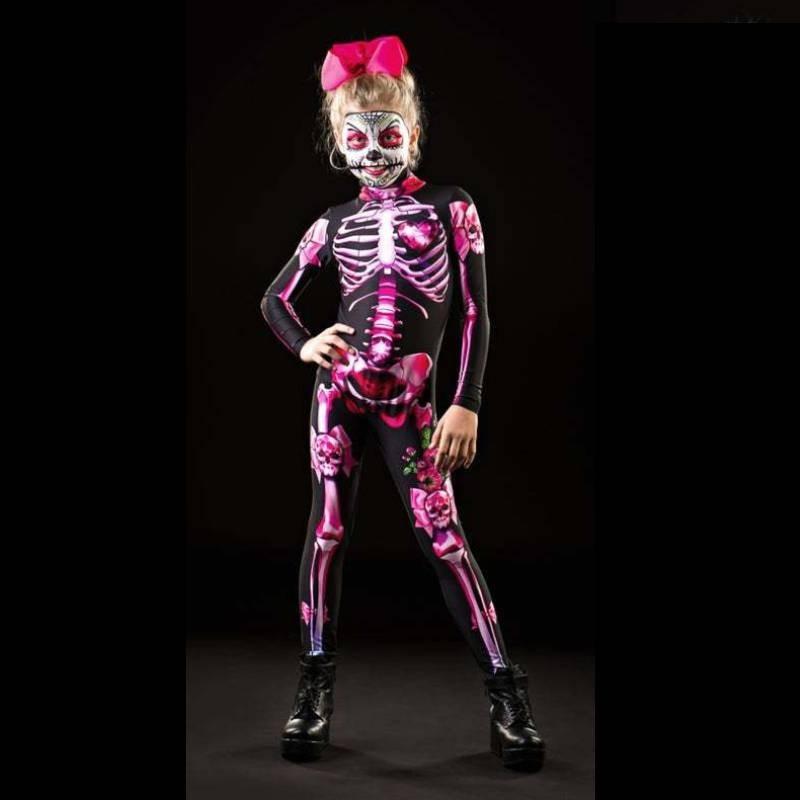 Kids Womens Halloween Costume Skeleton Cosplay Bodysuit Skinny Catsuit Jumpsuit