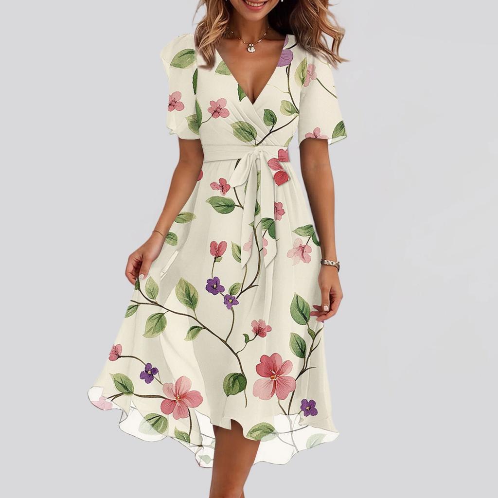 Damen Sommer Blumenmuster Lässig Wickel V-Ausschnitt Rüschen Kapuze Kurze Ärmel Gürtel A-Linie Rüschensaum Midi Sommerkleid
