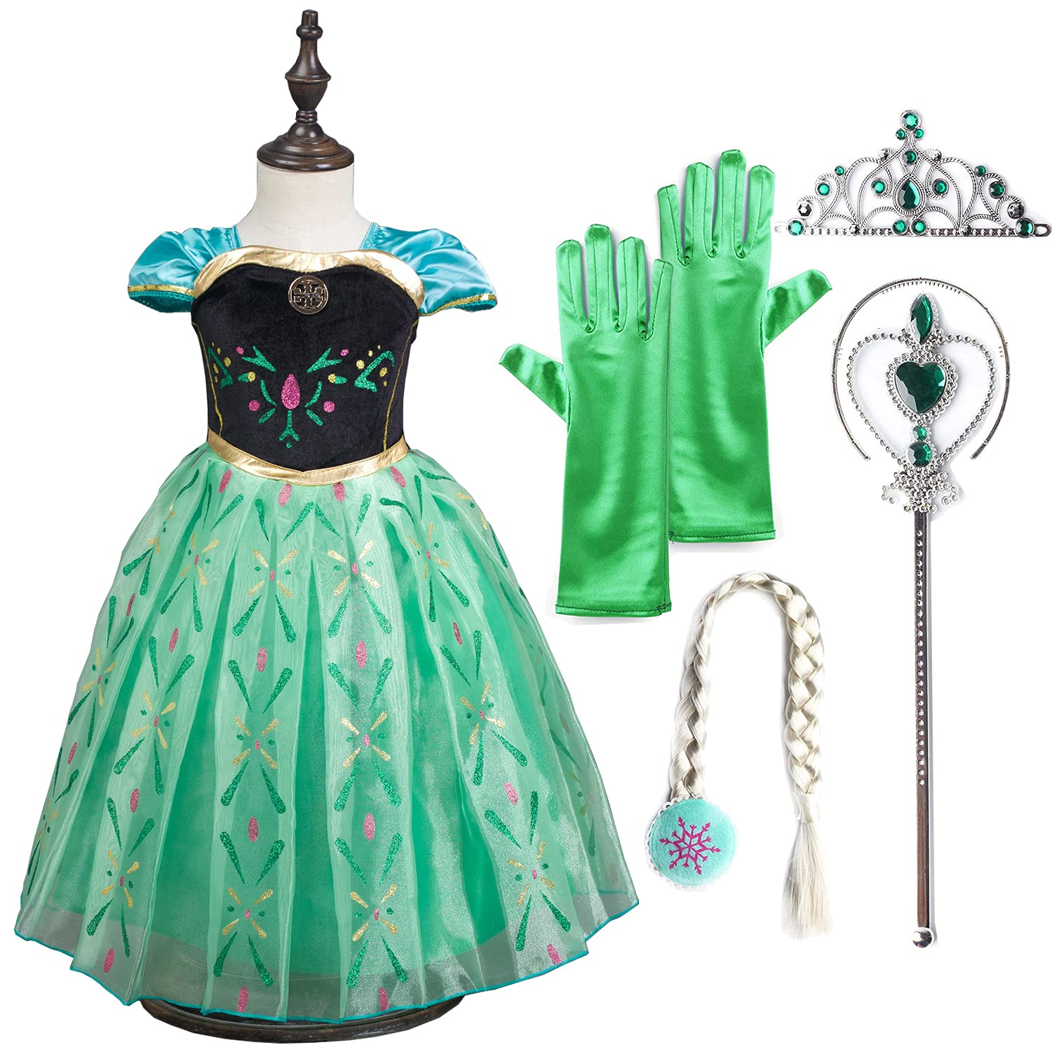 

Детский костюм платья принцессы Эльзы Холодное сердце Платье Эльзы Роскошный набор Зеленое сердце Магическая коса [YITING] 5 предметов - (Платье принцессы, Тиара, Волшебная палочка, Перчатки, Парик)