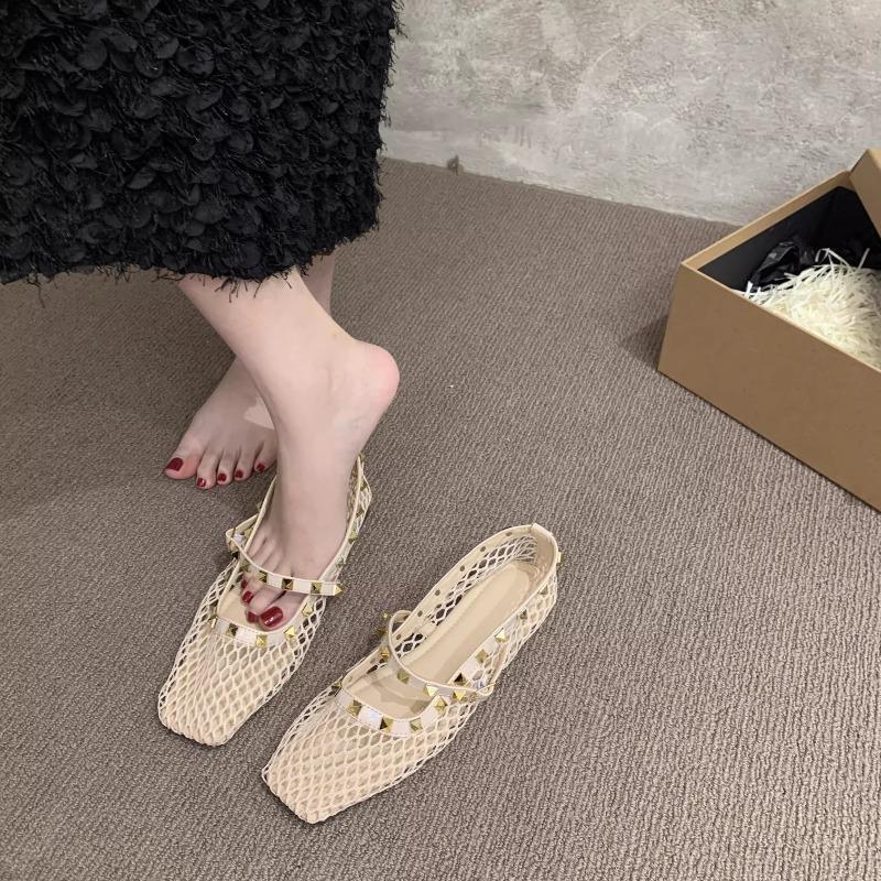 Fashion Fashion Woven Lazy Cutout Front Lace-Up Mary Jane Shoes Feminine Square Toe Flat Shallow Mouth Soft Slip Single