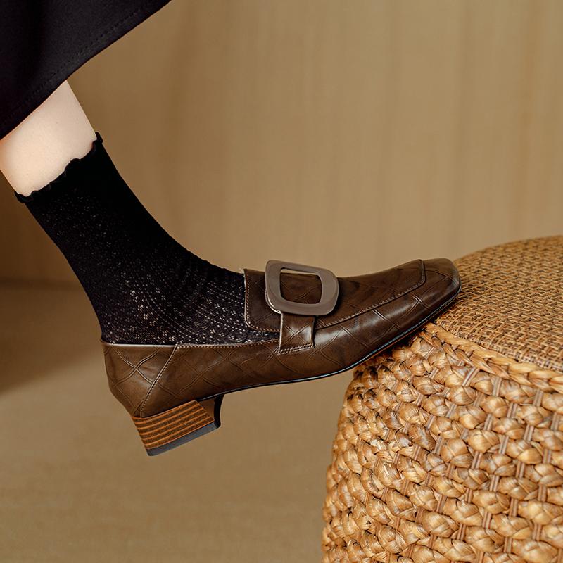 Moda 2024 Wiosna Damskie Mokasyny Kwadratowy Nosek Gruby Obcas Damskie Buty Buty Damskie ze Skóry Naturalnej Retro Kwadratowy Guzik Damskie Czółenka