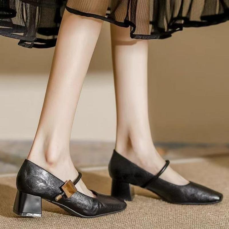 Vintage Mary Jane single shoes high heels autumn new square head thick heel commuting elegant women's single shoes