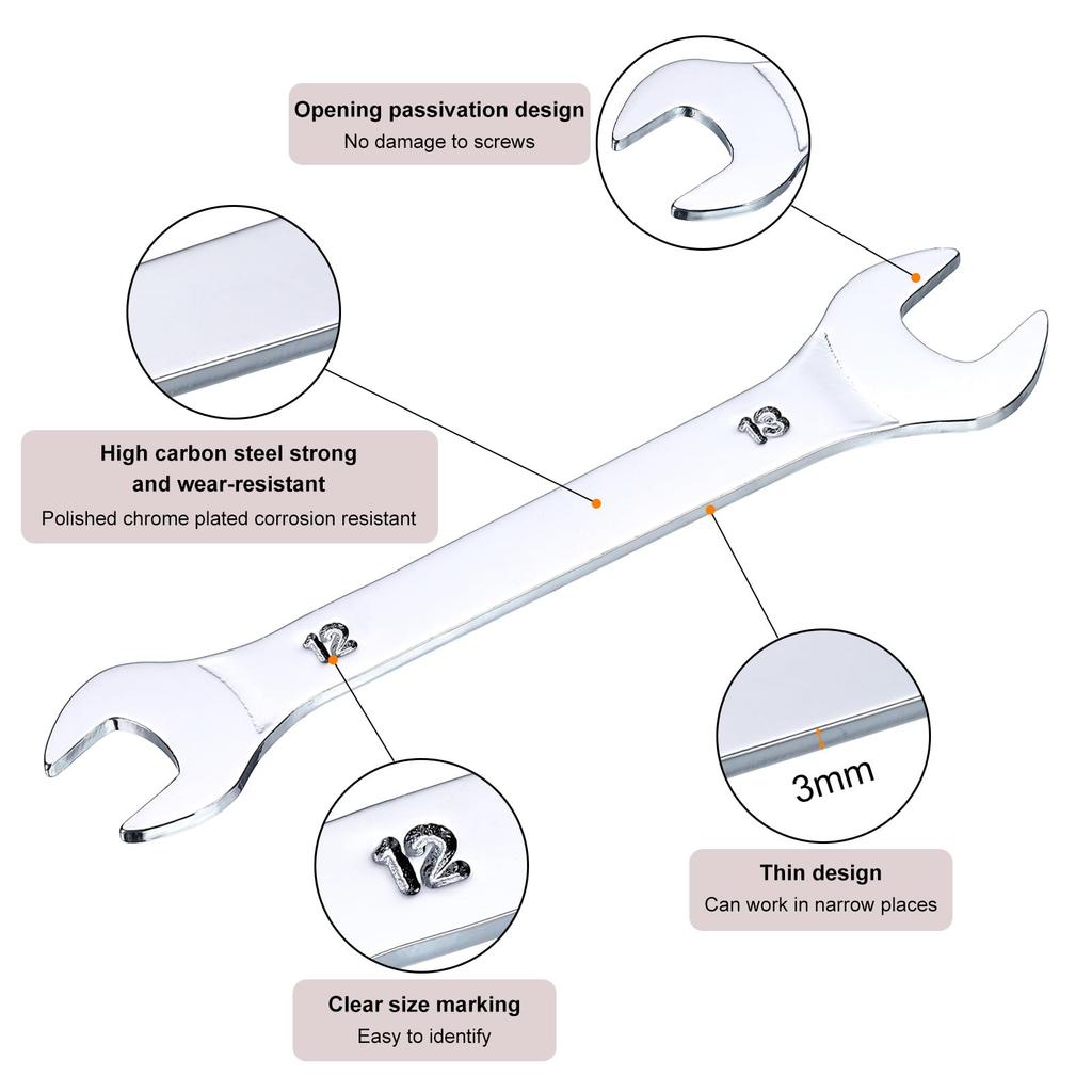 uxcell Thin Open End 12mm x 13mm Metric Double Open End Chrome Mirror High Carbon Thin Wrenches for Home Machine 10 Pieces Wrenches, Wrenches, Plated,