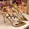 Women's Summer Golden Leaf-Embellished Heels Stiletto Pointed Toe Open Toe Dress Sandals