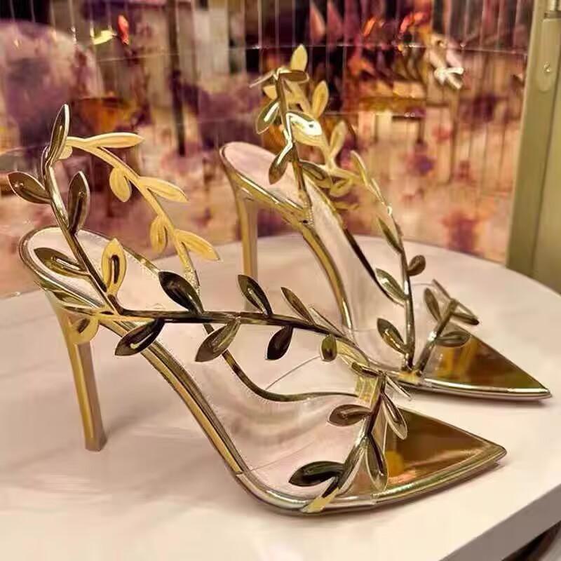 Women's Summer Golden Leaf-Embellished Heels Stiletto Pointed Toe Open Toe Dress Sandals