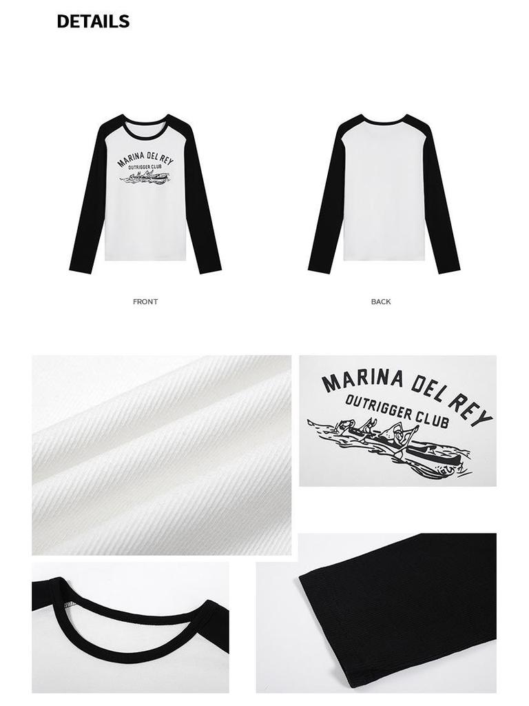 2026 Spring/Summer Women's Black & White Patchwork Raglan Long Sleeve Tee - American Style Print, Loose Fit, Color Block Trendy Top