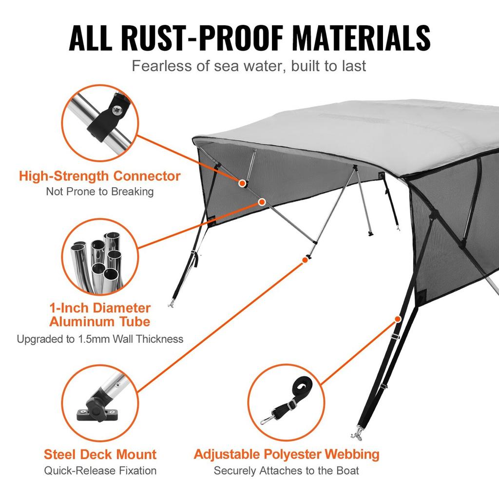4 Bow Bimini Top Boat Cover, Detachable Mesh Sidewalls, 600D Polyester Canopy with 1" Aluminum Alloy Frame, Includes Storage Boot, 2 Support Poles, 2
