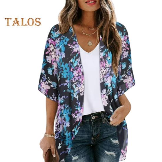 

Женская шифоновая рубашка с V-образным вырезом и коротким рукавом с цифровым 3D-принтом, дышащий солнцезащитный кардиган, пальто с открытым передом, пальто средней длины S темно-синий