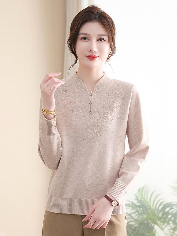Mom's Autumn Knitwear: Elegant Woolen Sweater for Middle-Aged Women - Chinese Style Fashionable Base Layer