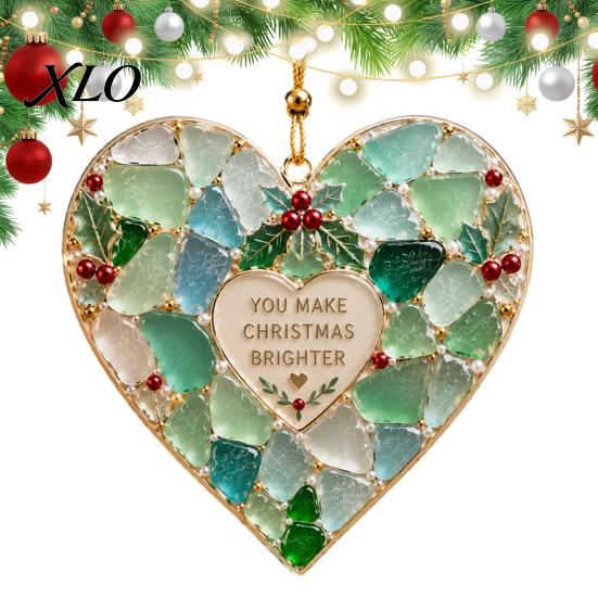 Festive Party Decor 2Pcs Sea Glass Christmas Ornament, Seaglass Heart Bird Angel Tree Star Holiday Supplies Snowman Pendant, Handmade Xmas Hanging