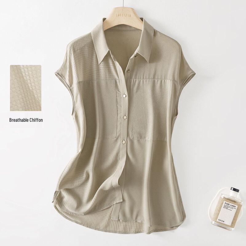 IHIMI Elegant Spliced Lapel Chiffon Shirt L