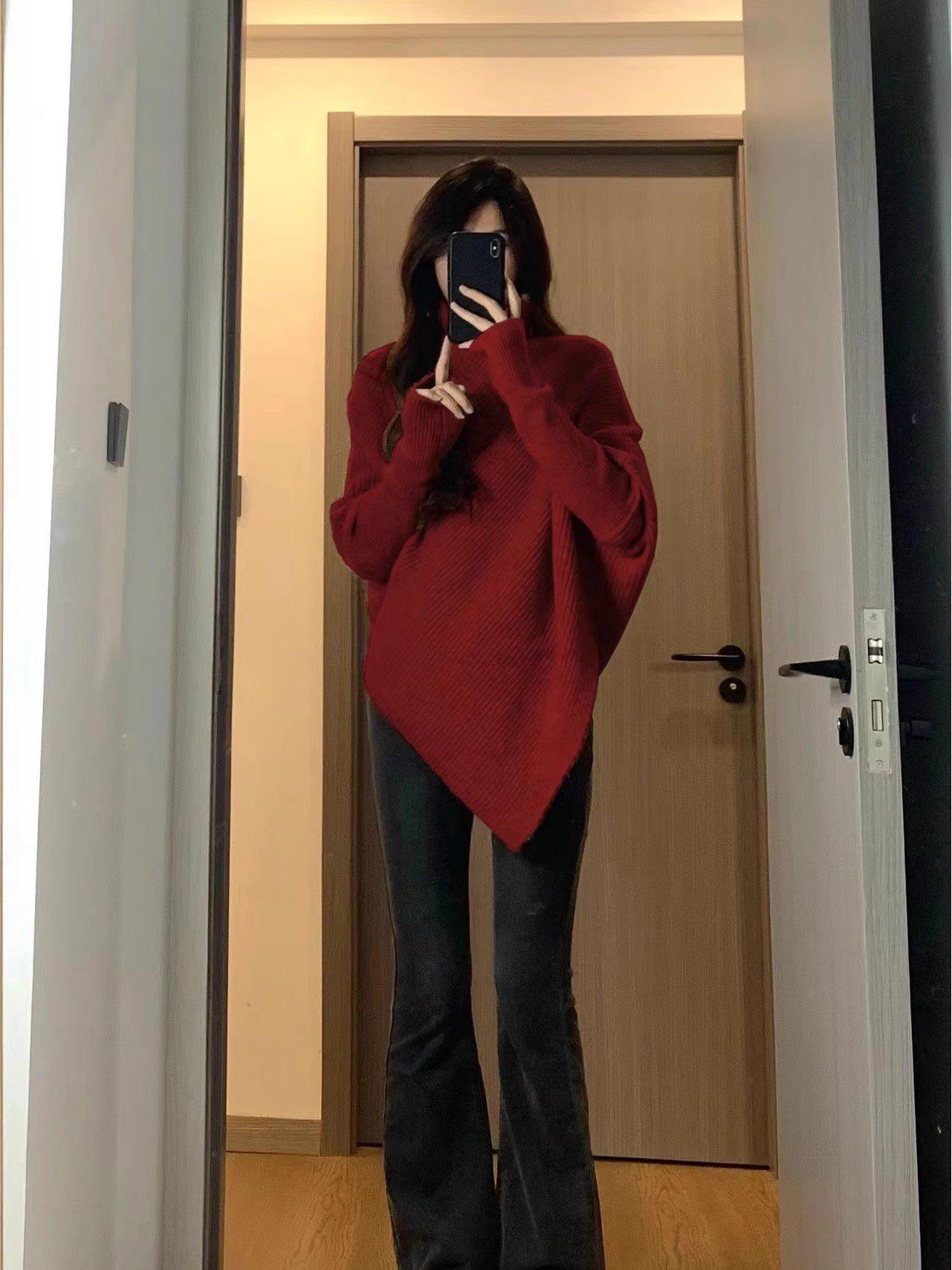 

Свитер с высоким воротом и асимметричным дизайном, женский, в корейском стиле, осенне-зимний, свободного кроя, из мягкого трикотажа, утолщенный топ. красный