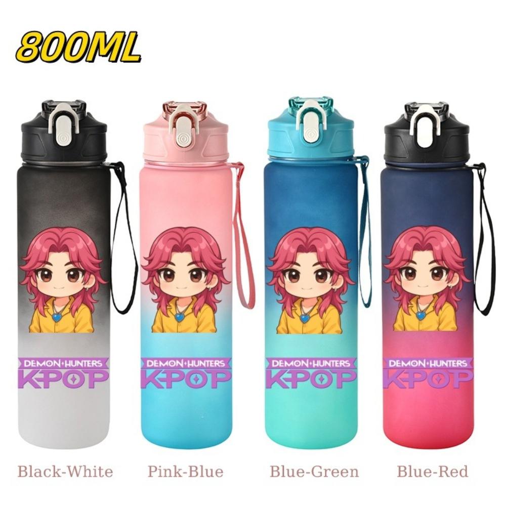 800ML KPop Demon Hunters Gradient Cartoon Print Large Capacity Straw Water Cup Outdoor Portable Sports Drink Bottles Travel Mug