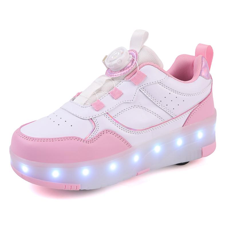 Kid's Rotating Button Wear Quick Four Wheel Running Shoes with Wheels Sports Shoes USB Charging LED Light Sports Shoes Girls Roller Skates