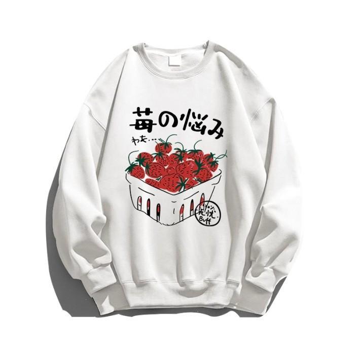 

Guochaofeng strawberry Chinese character printing crew neck sweater women s velvet new couple pullover men s and women s same style S