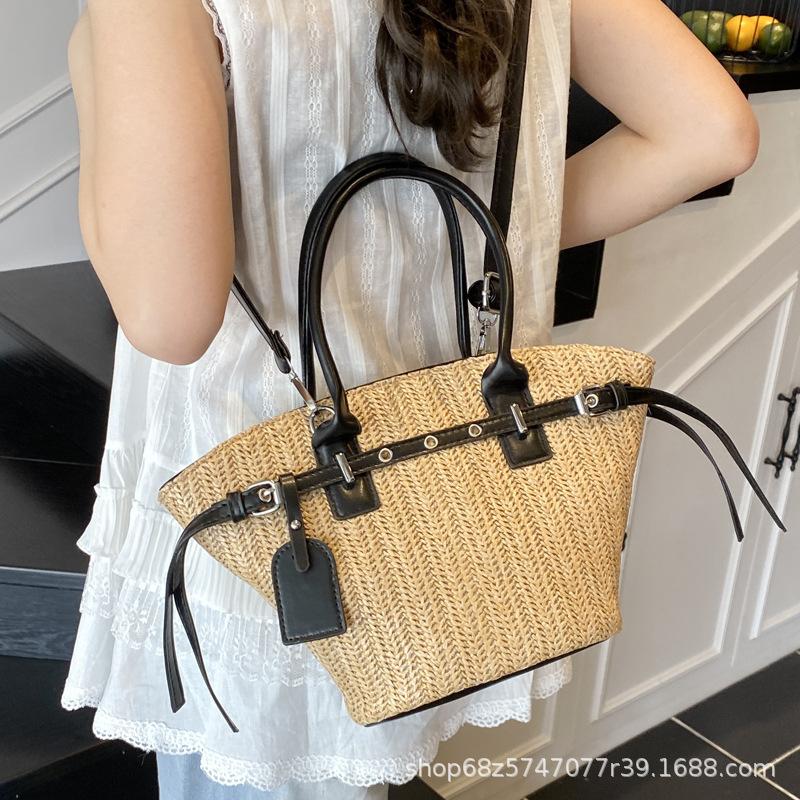 Seaside Vacation Wind Summer Straw Woven Portable Bucket Bag Women's 2025 New Belt Buckle Woven Temperament Messenger Bag