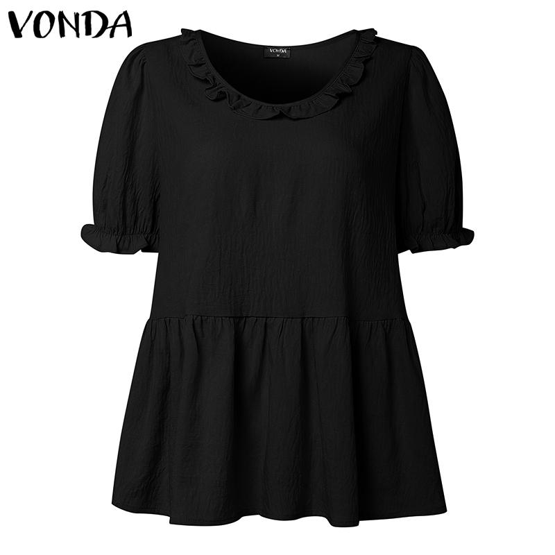VONDA Elegant Women V Neck Puff Sleeve Ruffled Casual Loose Blouse