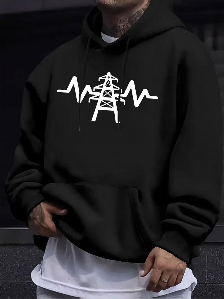 American Western Style unisex Autumn Winter Print Hooded Long Sleeve Sweatshirt, High-Voltage Wire Line Print Hoodie, Current Line Easy And Neat, Nich