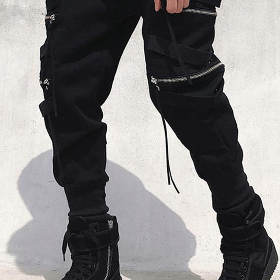 Men Cargo Pants Strap Zipper Decor Loose Ankle-banded Mid-rise Solid Color Multi Hip Hop Streetwear Outdoor Travel Sport Trousers