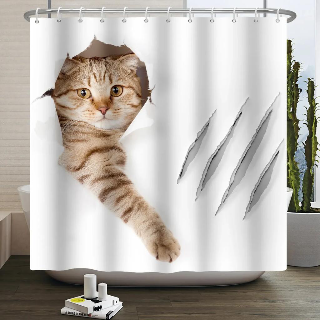 Funny Cat Shower Curtain Cartoon Cute Cats Dog Kids Shower Curtain for Bathroom Waterproof Polyester Home Decor Shower Curtains