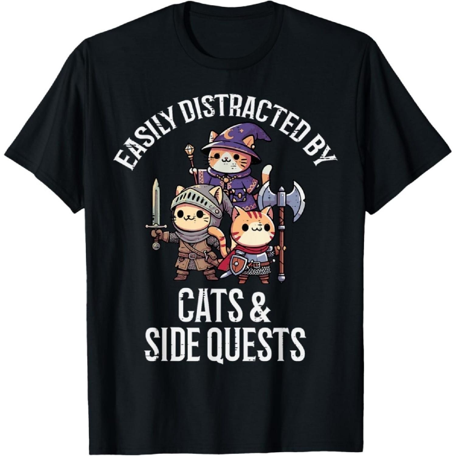 Gamer Easily Distracted By Cats Side Quests Men Boys Kids T-Shirt(1) S чёрный