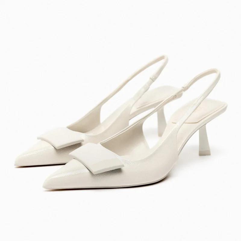 Fashion Luxury Designer Slingback Mules Heels Women Sexy Pointed Toe Patent Leather Thin Heeled Sandals Comfortable Elegant Office Shoes