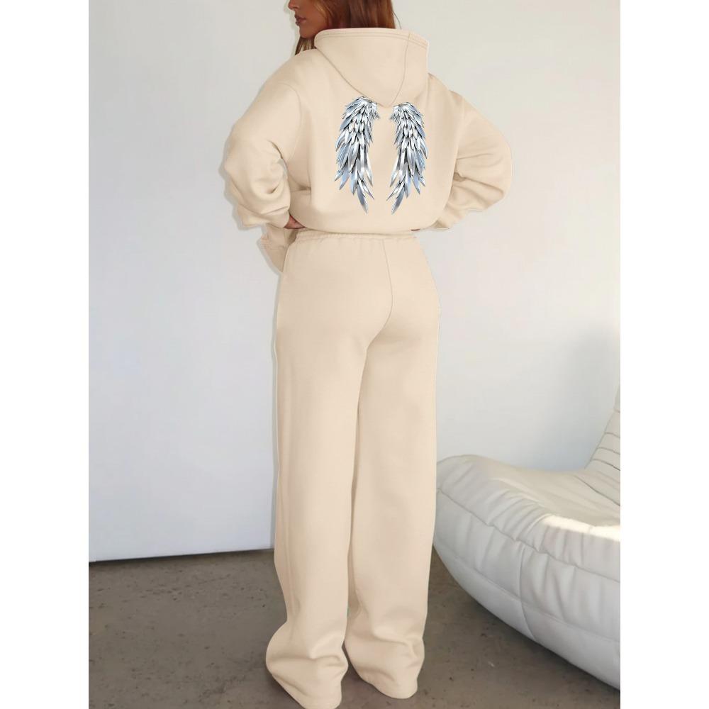 Casual Women's Suit with Interesting Printed Patterns, Fashionable Hooded Sweatshirt and Wide Leg Pants Set
