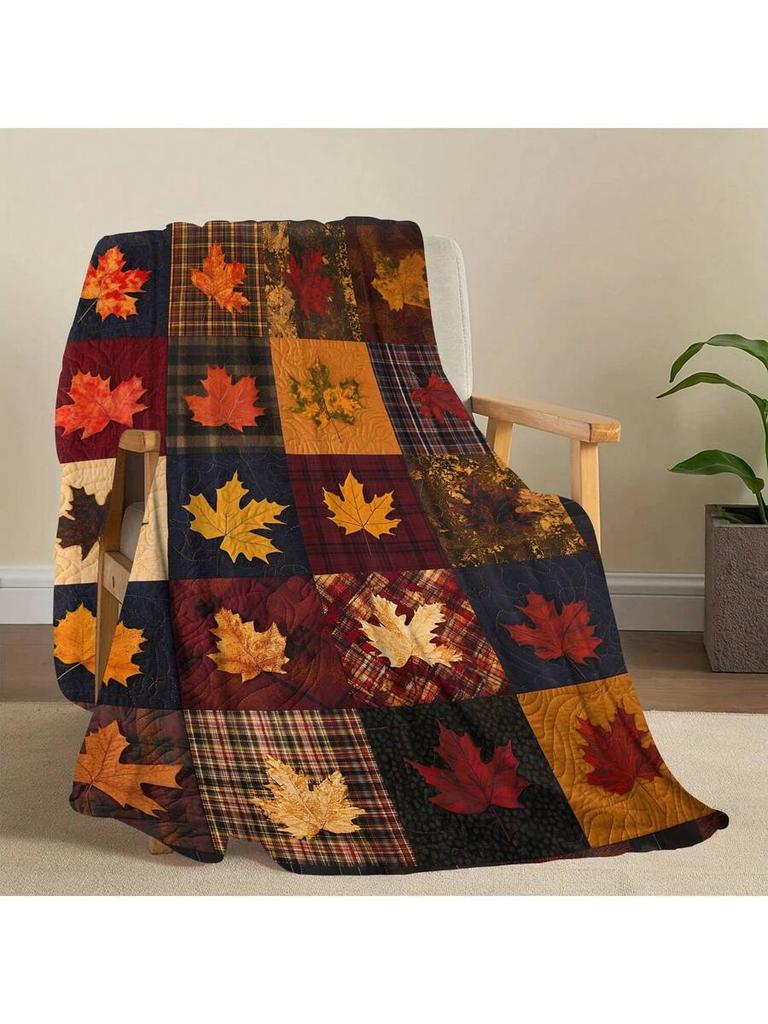 Autumn Leaves Patchwork Flannel Throw Blanket, Lodge Style Knitted Polyester Digital Print, All Season Cozy Soft for Home Decor