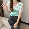 Cămașă Falsă din Două Piese Patchwork Gât în V Cămașă Polo în Dungi Tricou Tricotat pentru Femei Sensul Designului Top cu Mâneci Scurte Bufante pentru Vară