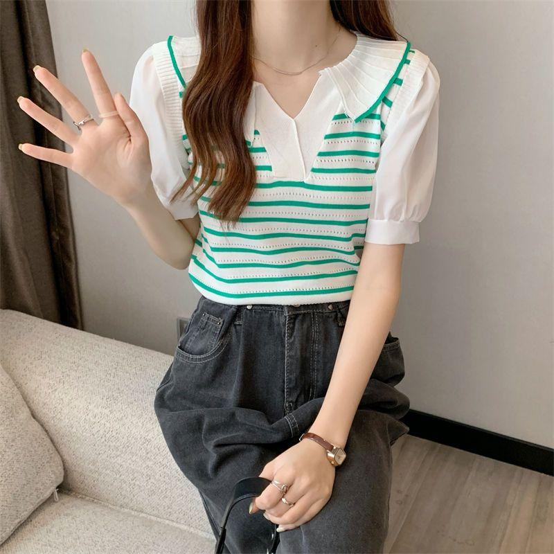 Fake Two Piece Shirt Patchwork V-neck Striped Polo Shirt Knitted T-shirt for Women's Design Sense Short Bubble Short Sleeved Top for Summer