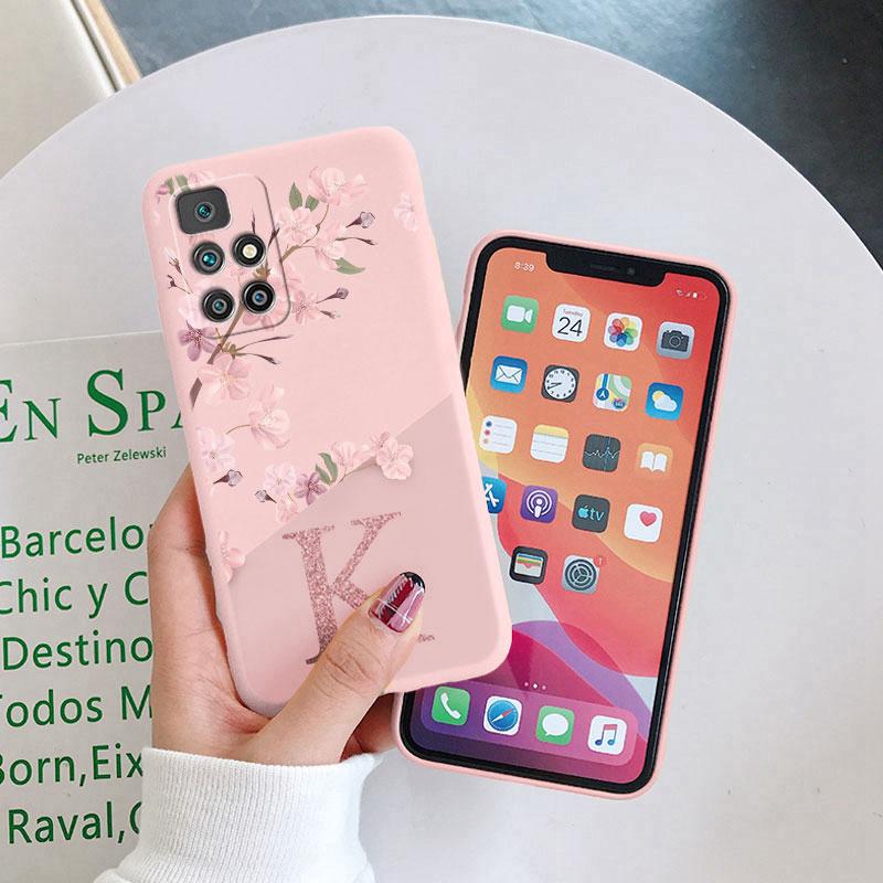 Initial Letter A Z Case For Redmi 10 4G Cover Pink Flower Soft Silicone Back Funda For Xiaomi Redmi10 Coque Bumper Couple Shell