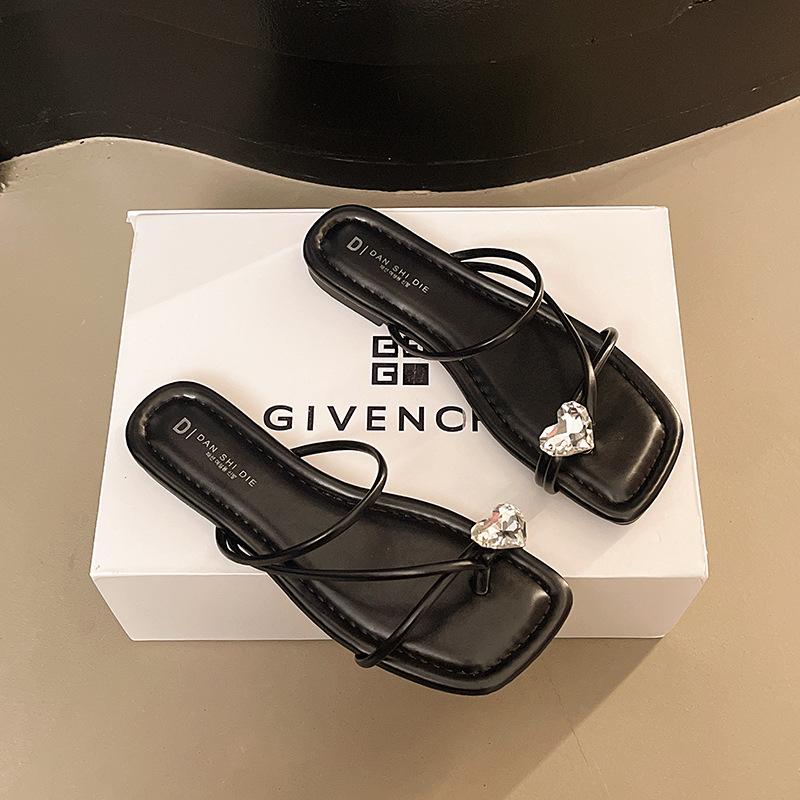 2025 New Niche French High-end Cool Slippers Women's Summer Wear Fashion Thick Heel Rhinestone One-word Drag Outside Wear