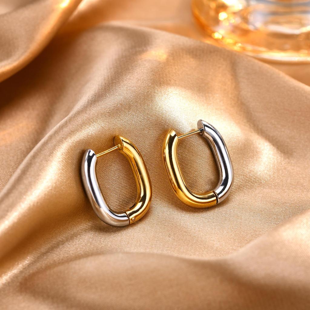 Trendy 2 Tones Minimalist Stainless Steel Hoop Earrings for Women, Gold Color Star Square Heart Huggies Ear Jewelry Accessory