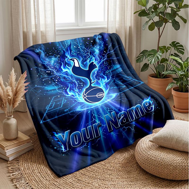 Tottenham Hotspur FC Custom Name Text Flannel Blanket Soccer Logo Personalized Fleece Throw Blanket Special Gift For Sofa Bedroom Home