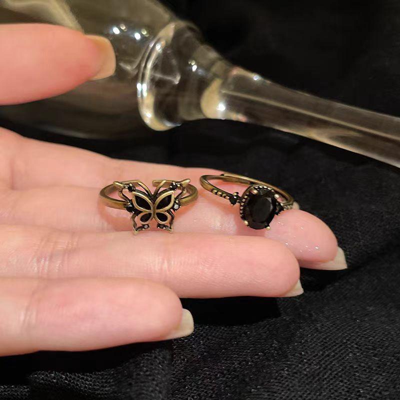 Dark Butterfly Zircon Open Ring Female Retro Retro Personality Stacked Index Finger Ring Sweet Cool Spice Girl Wind Ring