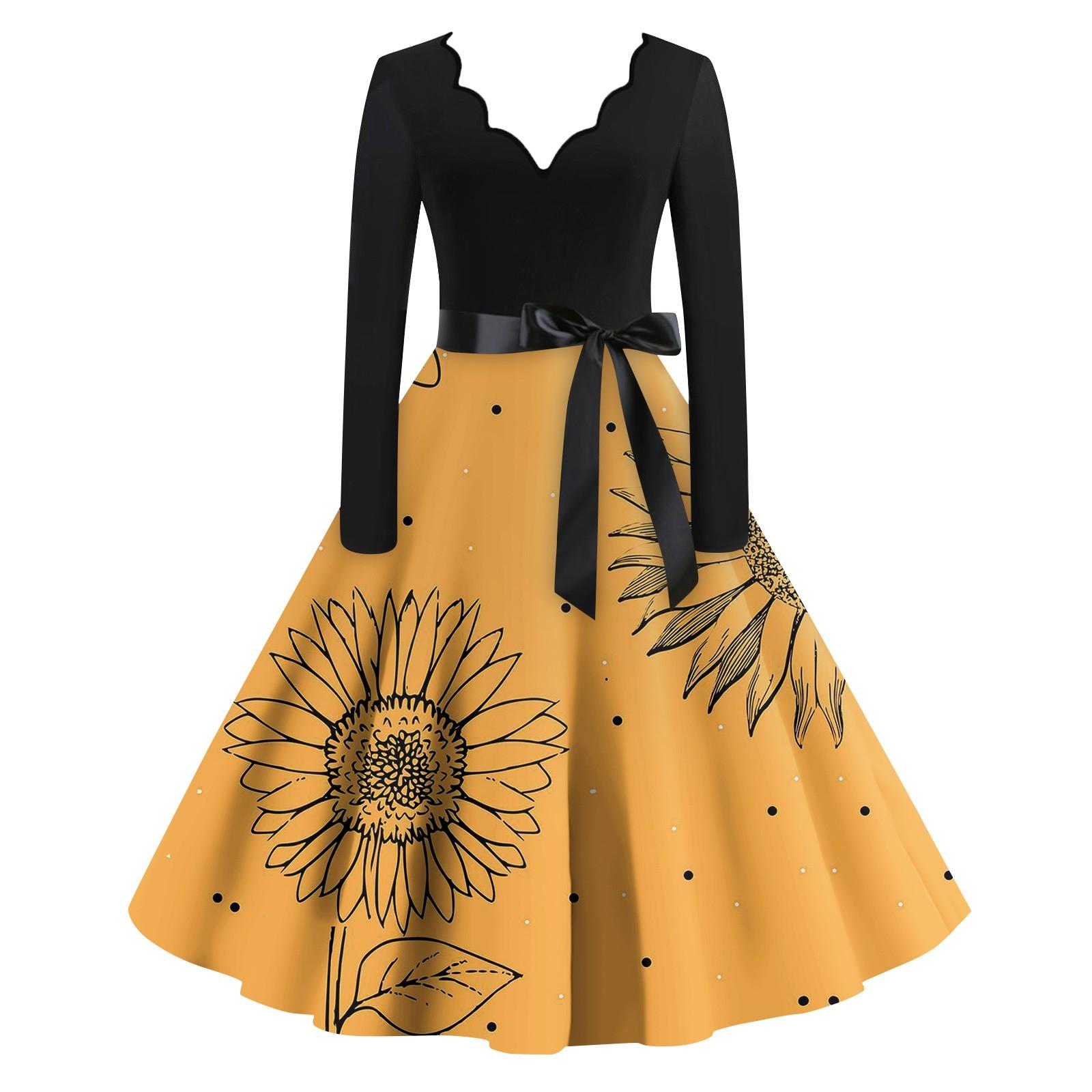 

Женские повседневные модные длинные платья с длинным рукавом в стиле ретро с графическим принтом в винтажном стиле на осень S оранжевый