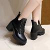 Boots for Women 2025 Autumn New Round-toe Chunky Heel Black Women's Boshoes Casual Lace Up High Heel Platform Short Botines