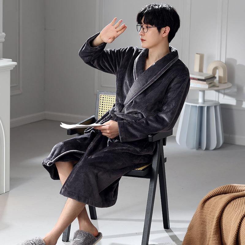 Nightgown Men'S Winter Coral Fleece Warm Fleece Thickened Medium And Long Flannel Robe Pajamas Men'S Winter Bathrobe