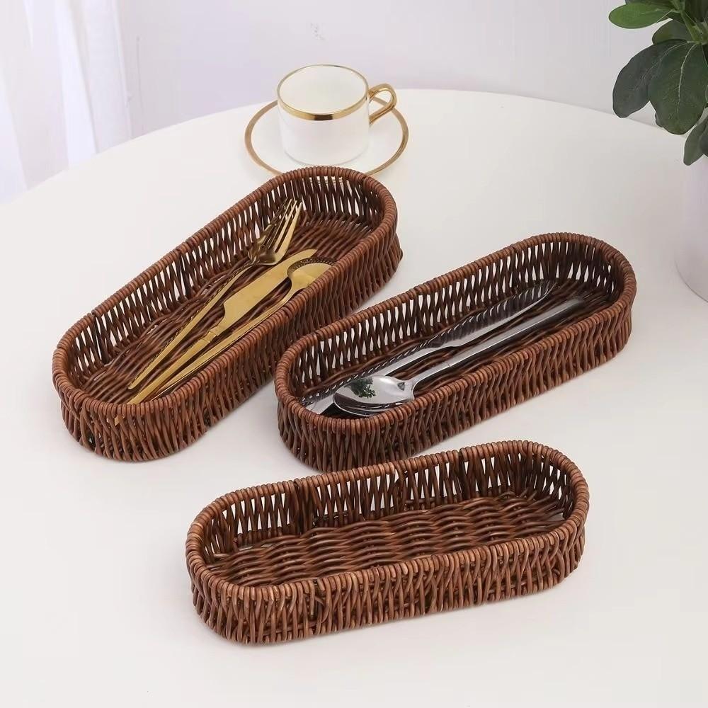 Oval Shape Tableware Storage Basket Retro Desk Shelf Baskets Faux Wicker Tray Dining Room