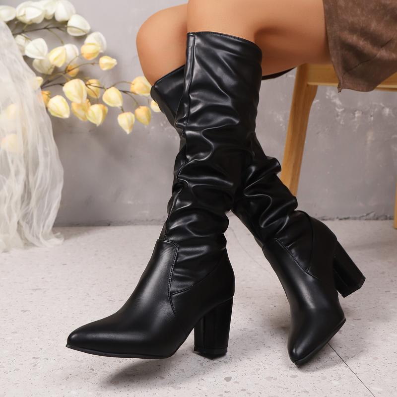 Fashion Brand Design Solid Black Wrinkle Knee Boots Women 2025 Autumn Sexy Pointed Toe High Heel Riding Boots Fashion Slip On Shoes