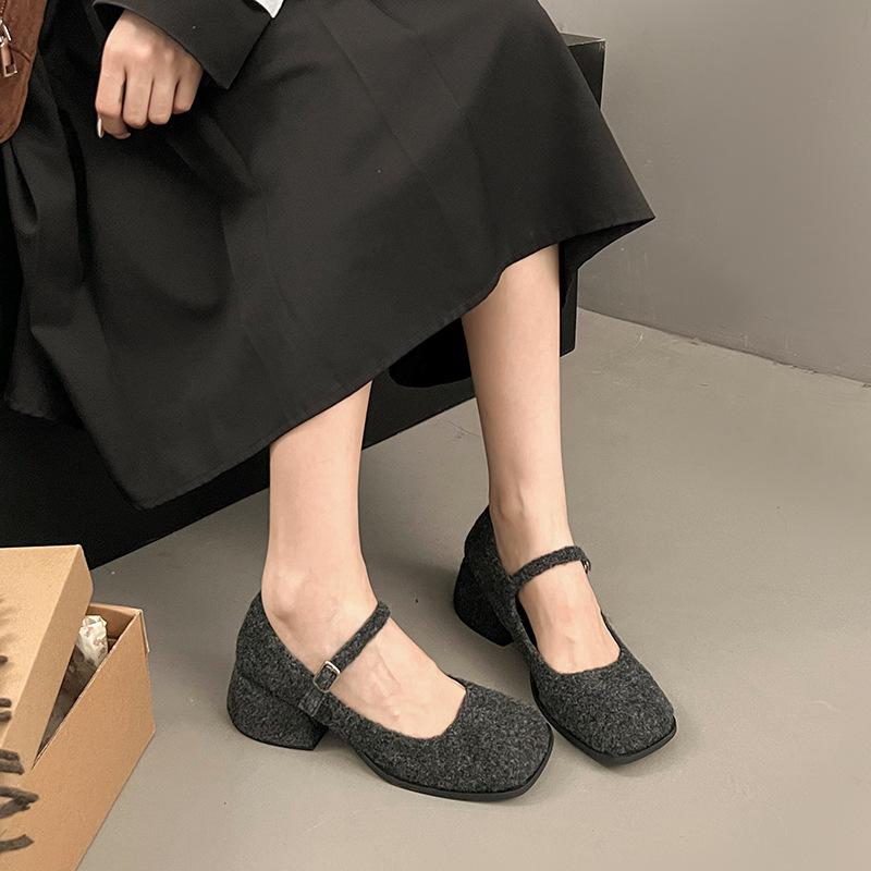 Coarse Heel Single Shoes Women's Winter 2025 Square Head Spring and Autumn Woolen Mary Jane Mao Mao Shoes Grandma Shoes High Heel French