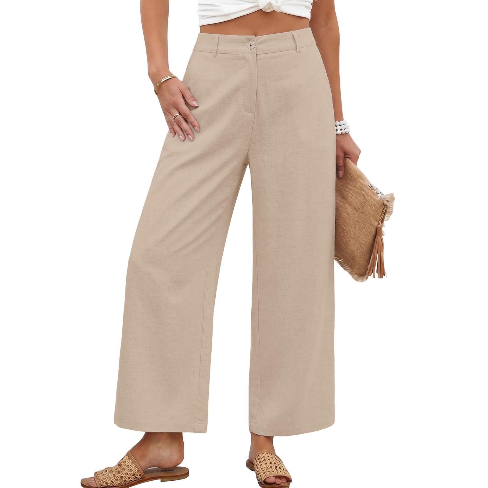 

Women s Casual, Loose-Fitting, Flowy Linen Wide-Leg Beach Pants L бежевый